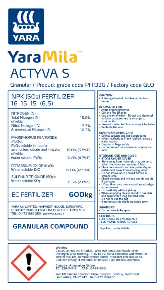 YaraMila Actyva S Back of bag